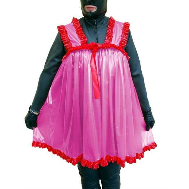 Mens Sissy Fetish Plastic Sexy Nightdress Exotic Lingerie Clear PVC Ruffles Wide Straps Mini A-line Dress Crossdresser Sleepwear