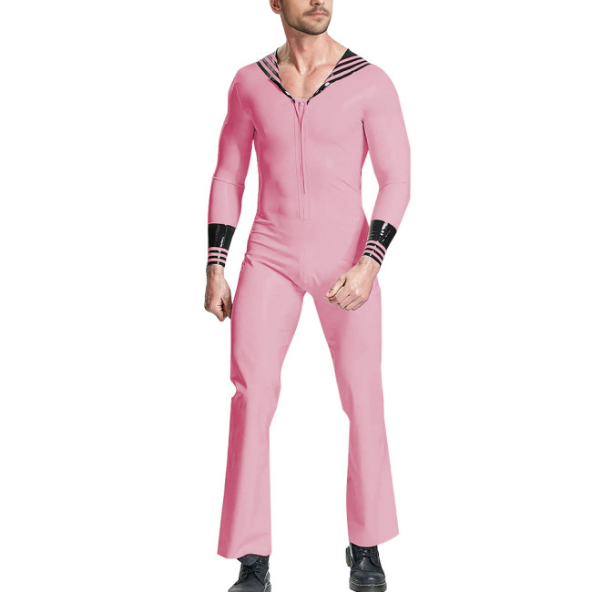 Vinyl PVC Leather Mens Jumpsuit for Navy Costume Long Sleeve Sailor Uniform Adults Catsuit Halloween Party Fancy Dress Bodysuit