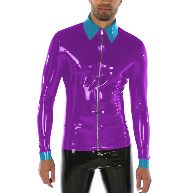 Punk Style Turn-down Collar Men T-Shirts Shiny PVC Leather Long Sleeve Front Zipper Bodycon Sissy Mens Tops Casual Streetwear