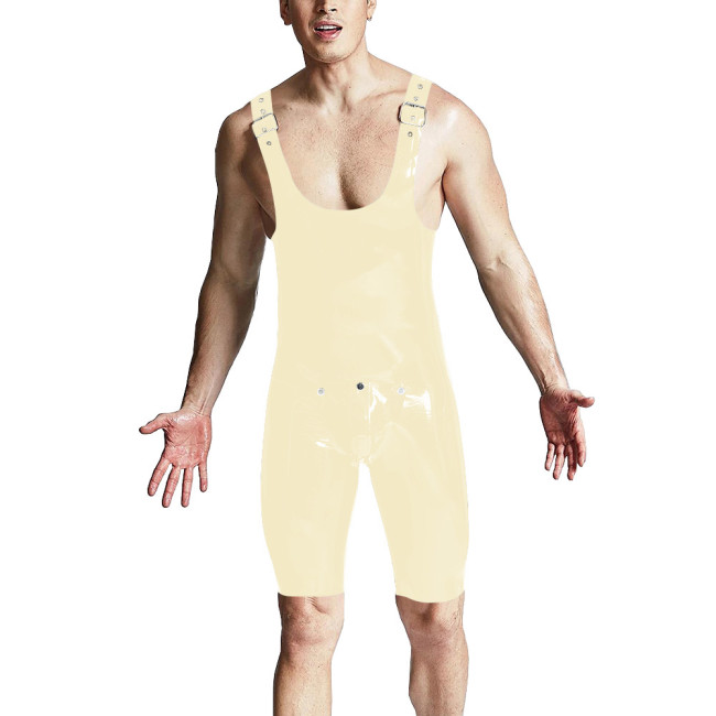 Sexy Men Above Knee-length Jumpsuit Shiny PVC Leather Adjustable Shoulder Straps Overalls Front Button Open PU Bodysuit Lingerie