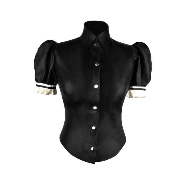 Turtleneck PVC Leather Slim Fit Blouse Women Puff Short Sleeve Single-breasted Tight Solid Faux Latex Shirt Office Lady Tops
