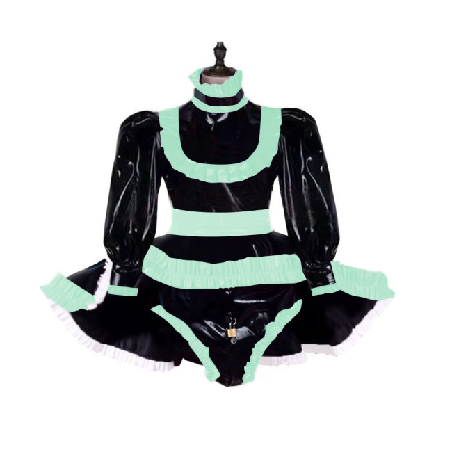 Lockable Adult Baby Wetlook Bodysuit Sexy Ruffles Long Sleeve Shiny PVC Rompers with Skirted Sissy Makeup Ball A-line Maid Dress