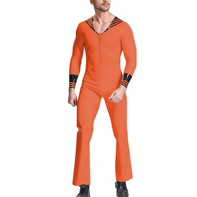 Vinyl PVC Leather Mens Jumpsuit for Navy Costume Long Sleeve Sailor Uniform Adults Catsuit Halloween Party Fancy Dress Bodysuit