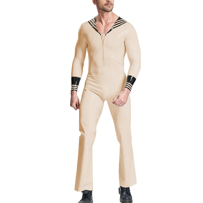 Vinyl PVC Leather Mens Jumpsuit for Navy Costume Long Sleeve Sailor Uniform Adults Catsuit Halloween Party Fancy Dress Bodysuit