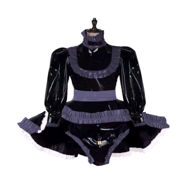 Lockable Adult Baby Wetlook Bodysuit Sexy Ruffles Long Sleeve Shiny PVC Rompers with Skirted Sissy Makeup Ball A-line Maid Dress