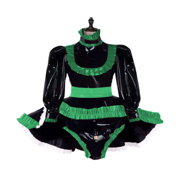 Lockable Adult Baby Wetlook Bodysuit Sexy Ruffles Long Sleeve Shiny PVC Rompers with Skirted Sissy Makeup Ball A-line Maid Dress
