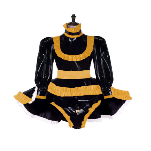 Lockable Adult Baby Wetlook Bodysuit Sexy Ruffles Long Sleeve Shiny PVC Rompers with Skirted Sissy Makeup Ball A-line Maid Dress