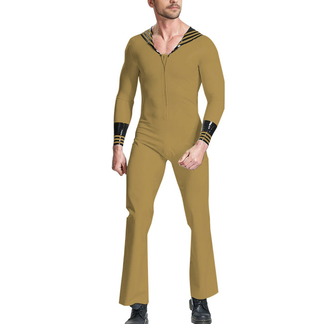 Vinyl PVC Leather Mens Jumpsuit for Navy Costume Long Sleeve Sailor Uniform Adults Catsuit Halloween Party Fancy Dress Bodysuit