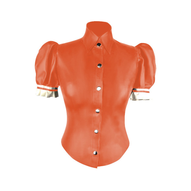 Turtleneck PVC Leather Slim Fit Blouse Women Puff Short Sleeve Single-breasted Tight Solid Faux Latex Shirt Office Lady Tops