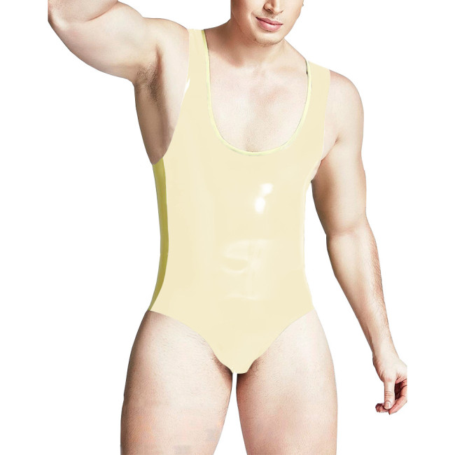 Sissy Men Deep U-collar Bodycon Slim Fit Faux Latex Bodysuits Patchwork Fetish Sexy Lingerie Cosplay Party Stretchy Rompers