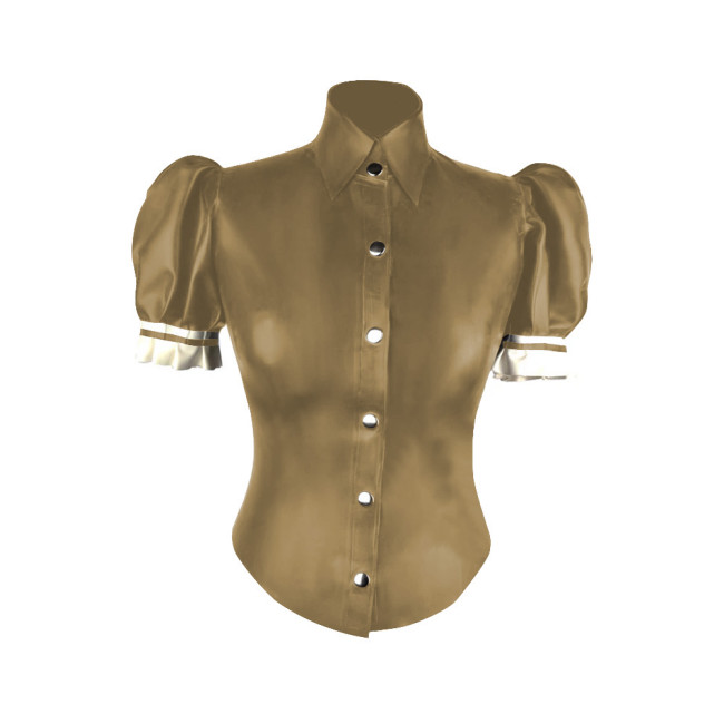 Turtleneck PVC Leather Slim Fit Blouse Women Puff Short Sleeve Single-breasted Tight Solid Faux Latex Shirt Office Lady Tops