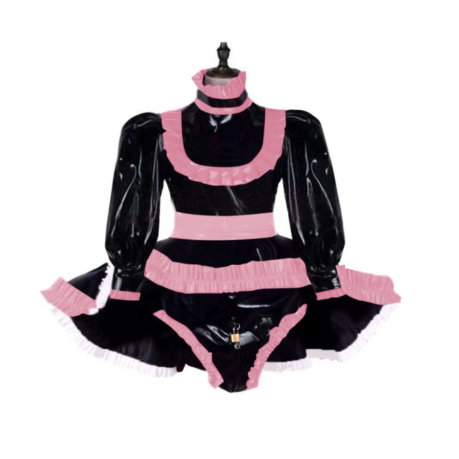 Lockable Adult Baby Wetlook Bodysuit Sexy Ruffles Long Sleeve Shiny PVC Rompers with Skirted Sissy Makeup Ball A-line Maid Dress