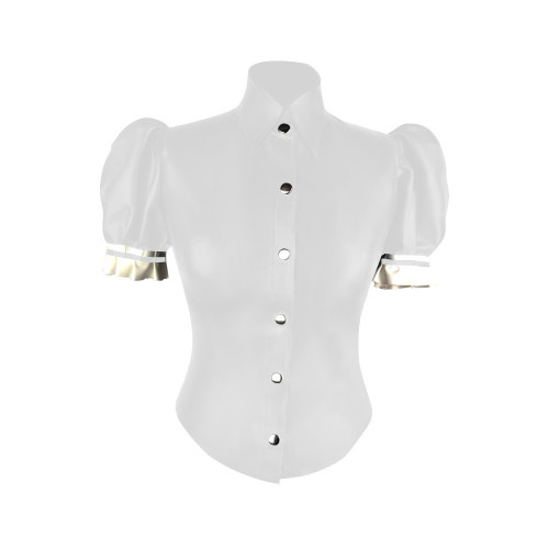 Turtleneck PVC Leather Slim Fit Blouse Women Puff Short Sleeve Single-breasted Tight Solid Faux Latex Shirt Office Lady Tops