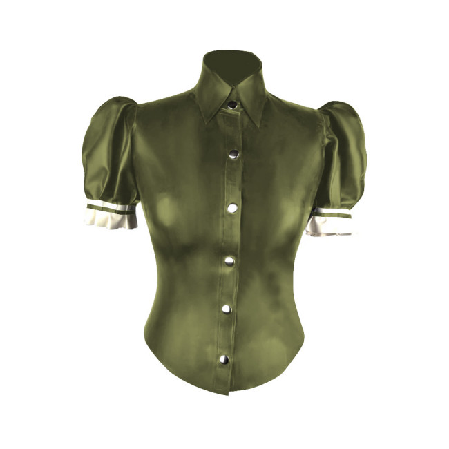 Turtleneck PVC Leather Slim Fit Blouse Women Puff Short Sleeve Single-breasted Tight Solid Faux Latex Shirt Office Lady Tops