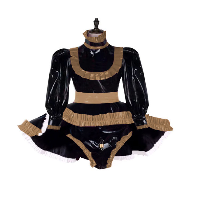 Lockable Adult Baby Wetlook Bodysuit Sexy Ruffles Long Sleeve Shiny PVC Rompers with Skirted Sissy Makeup Ball A-line Maid Dress
