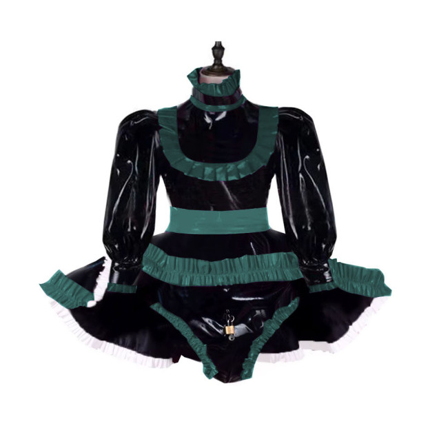 Lockable Adult Baby Wetlook Bodysuit Sexy Ruffles Long Sleeve Shiny PVC Rompers with Skirted Sissy Makeup Ball A-line Maid Dress