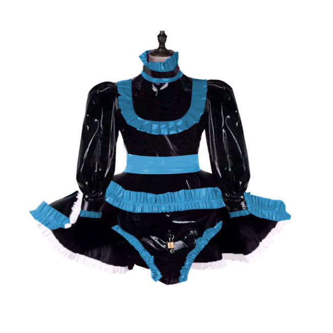 Lockable Adult Baby Wetlook Bodysuit Sexy Ruffles Long Sleeve Shiny PVC Rompers with Skirted Sissy Makeup Ball A-line Maid Dress