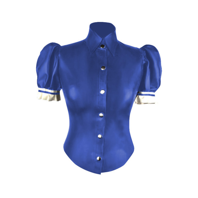Turtleneck PVC Leather Slim Fit Blouse Women Puff Short Sleeve Single-breasted Tight Solid Faux Latex Shirt Office Lady Tops