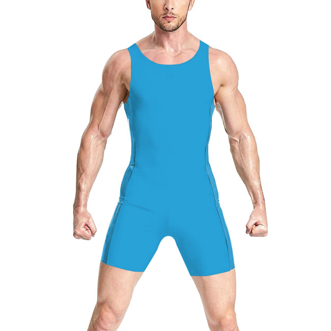 Mens Sexy Rompers Vinyl PVC Leather Sleeveless Bodysuit Raves Party Latex-look Short Jumpsuit Back Zipper Catsuit Shiny Clubwear
