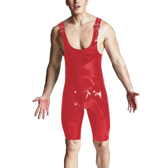 Sexy Men Above Knee-length Jumpsuit Shiny PVC Leather Adjustable Shoulder Straps Overalls Front Button Open PU Bodysuit Lingerie