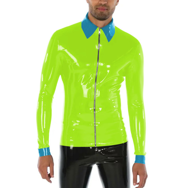 Punk Style Turn-down Collar Men T-Shirts Shiny PVC Leather Long Sleeve Front Zipper Bodycon Sissy Mens Tops Casual Streetwear