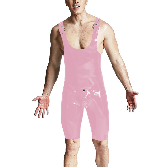 Sexy Men Above Knee-length Jumpsuit Shiny PVC Leather Adjustable Shoulder Straps Overalls Front Button Open PU Bodysuit Lingerie