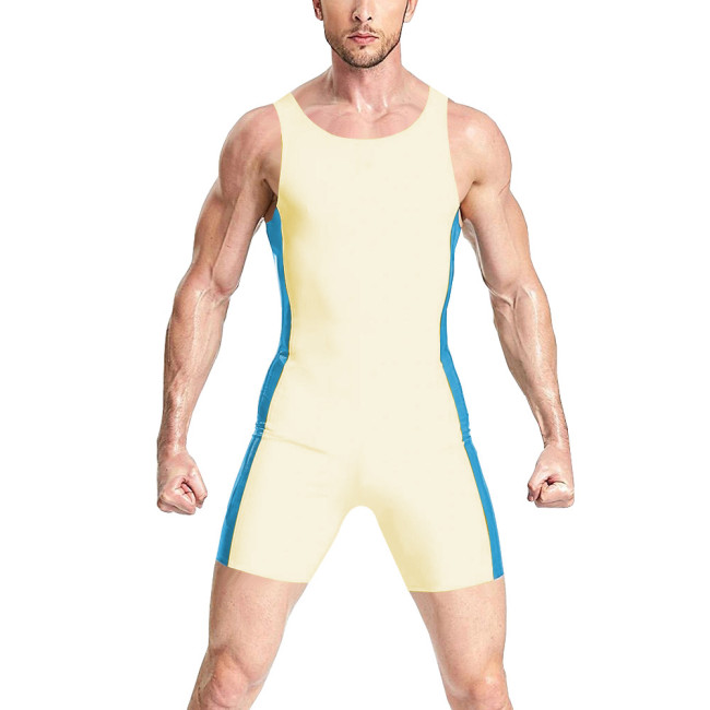 Mens Sexy Rompers Vinyl PVC Leather Sleeveless Bodysuit Raves Party Latex-look Short Jumpsuit Back Zipper Catsuit Shiny Clubwear