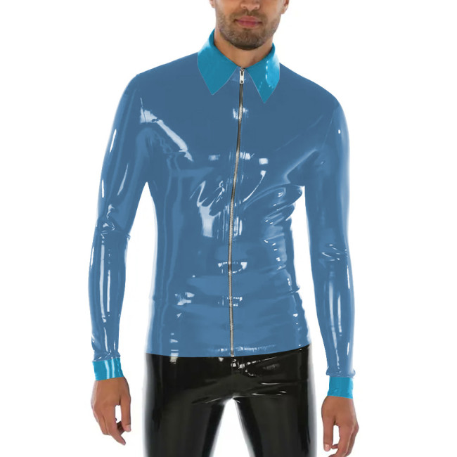 Punk Style Turn-down Collar Men T-Shirts Shiny PVC Leather Long Sleeve Front Zipper Bodycon Sissy Mens Tops Casual Streetwear