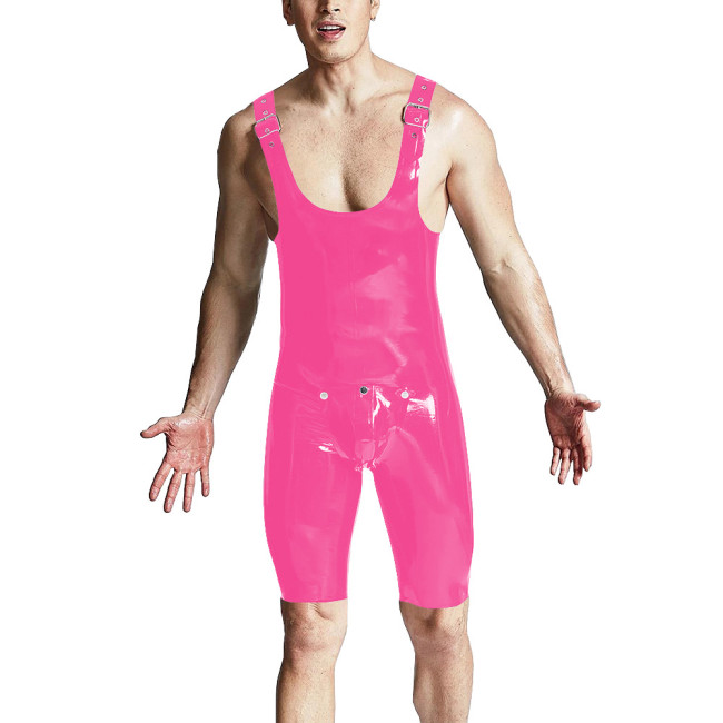 Sexy Men Above Knee-length Jumpsuit Shiny PVC Leather Adjustable Shoulder Straps Overalls Front Button Open PU Bodysuit Lingerie