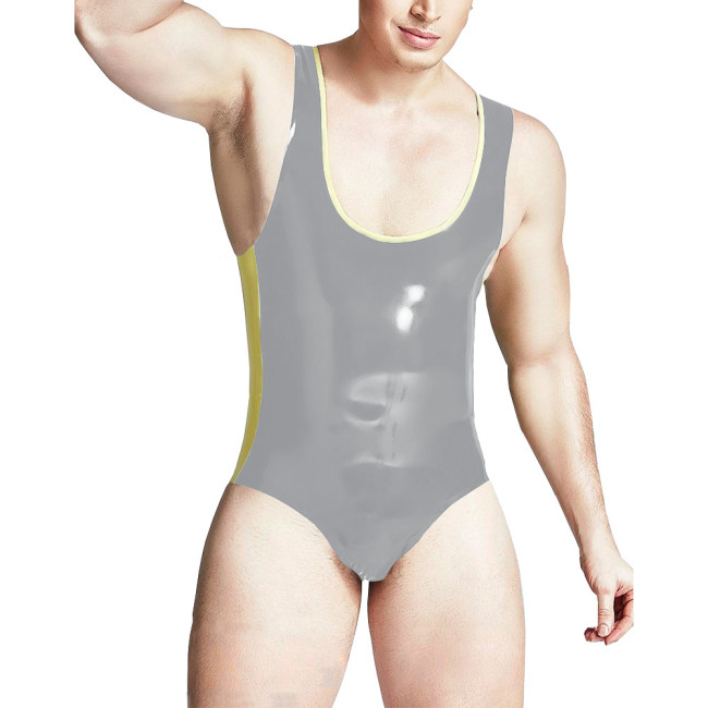 Sissy Men Deep U-collar Bodycon Slim Fit Faux Latex Bodysuits Patchwork Fetish Sexy Lingerie Cosplay Party Stretchy Rompers
