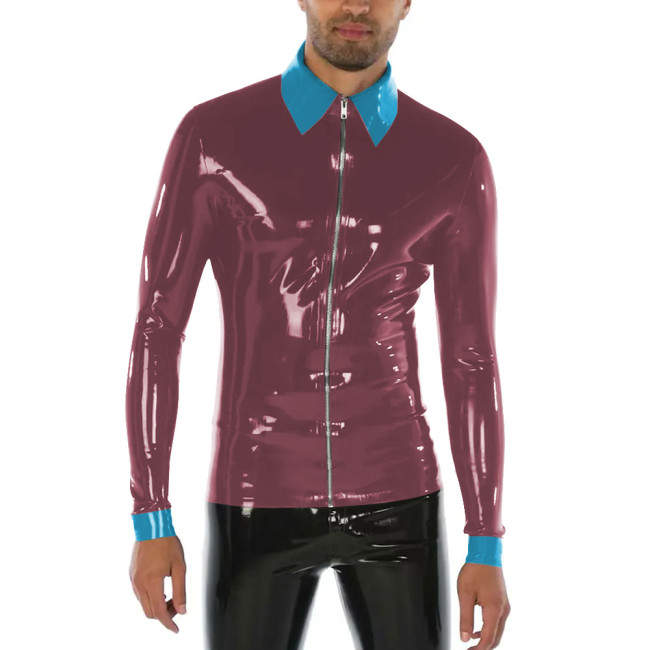 Punk Style Turn-down Collar Men T-Shirts Shiny PVC Leather Long Sleeve Front Zipper Bodycon Sissy Mens Tops Casual Streetwear