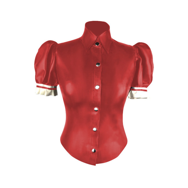 Turtleneck PVC Leather Slim Fit Blouse Women Puff Short Sleeve Single-breasted Tight Solid Faux Latex Shirt Office Lady Tops