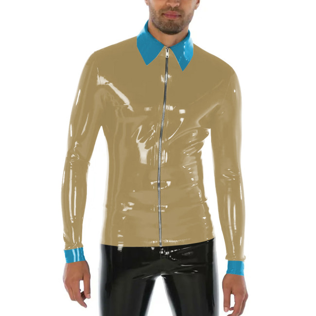 Punk Style Turn-down Collar Men T-Shirts Shiny PVC Leather Long Sleeve Front Zipper Bodycon Sissy Mens Tops Casual Streetwear