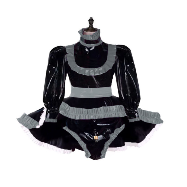 Lockable Adult Baby Wetlook Bodysuit Sexy Ruffles Long Sleeve Shiny PVC Rompers with Skirted Sissy Makeup Ball A-line Maid Dress