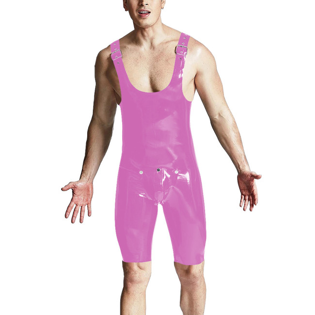 Sexy Men Above Knee-length Jumpsuit Shiny PVC Leather Adjustable Shoulder Straps Overalls Front Button Open PU Bodysuit Lingerie