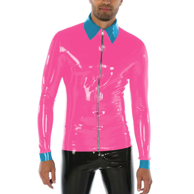Punk Style Turn-down Collar Men T-Shirts Shiny PVC Leather Long Sleeve Front Zipper Bodycon Sissy Mens Tops Casual Streetwear