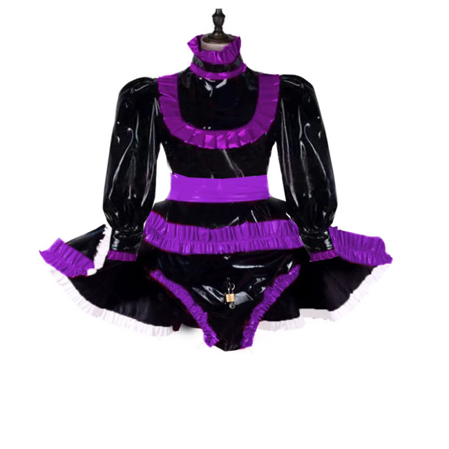 Lockable Adult Baby Wetlook Bodysuit Sexy Ruffles Long Sleeve Shiny PVC Rompers with Skirted Sissy Makeup Ball A-line Maid Dress