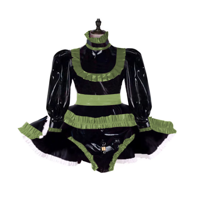 Lockable Adult Baby Wetlook Bodysuit Sexy Ruffles Long Sleeve Shiny PVC Rompers with Skirted Sissy Makeup Ball A-line Maid Dress