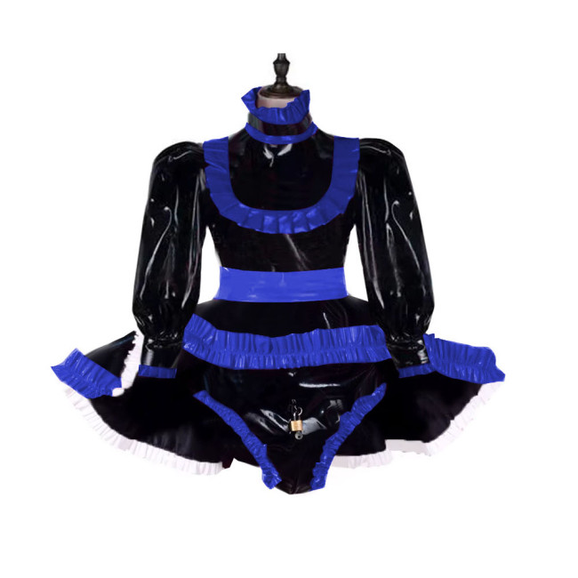Lockable Adult Baby Wetlook Bodysuit Sexy Ruffles Long Sleeve Shiny PVC Rompers with Skirted Sissy Makeup Ball A-line Maid Dress