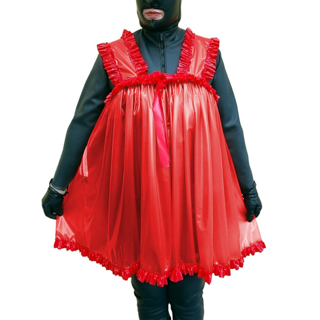 Mens Sissy Fetish Plastic Sexy Nightdress Exotic Lingerie Clear PVC Ruffles Wide Straps Mini A-line Dress Crossdresser Sleepwear