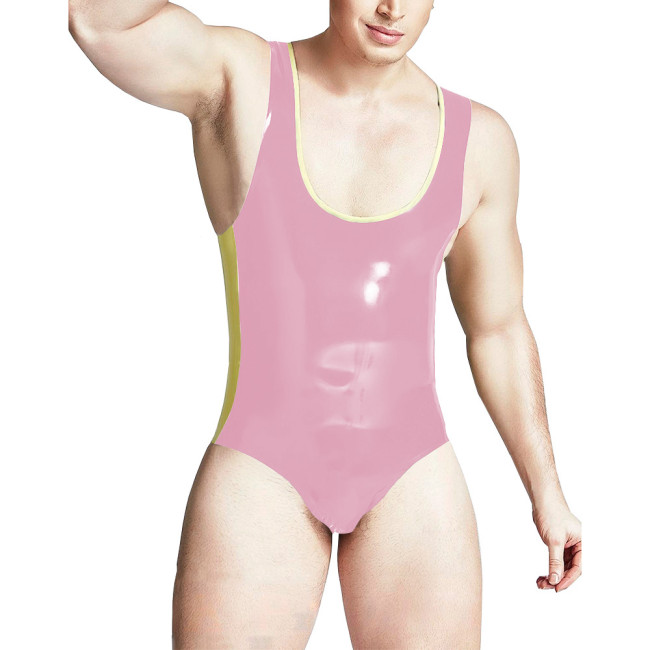 Sissy Men Deep U-collar Bodycon Slim Fit Faux Latex Bodysuits Patchwork Fetish Sexy Lingerie Cosplay Party Stretchy Rompers