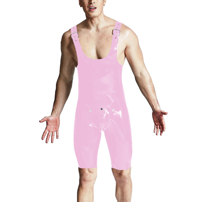Sexy Men Above Knee-length Jumpsuit Shiny PVC Leather Adjustable Shoulder Straps Overalls Front Button Open PU Bodysuit Lingerie