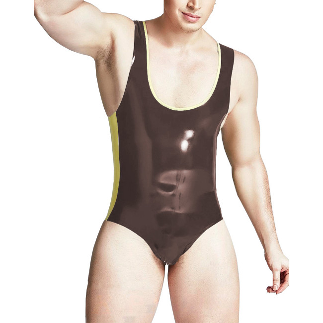 Sissy Men Deep U-collar Bodycon Slim Fit Faux Latex Bodysuits Patchwork Fetish Sexy Lingerie Cosplay Party Stretchy Rompers