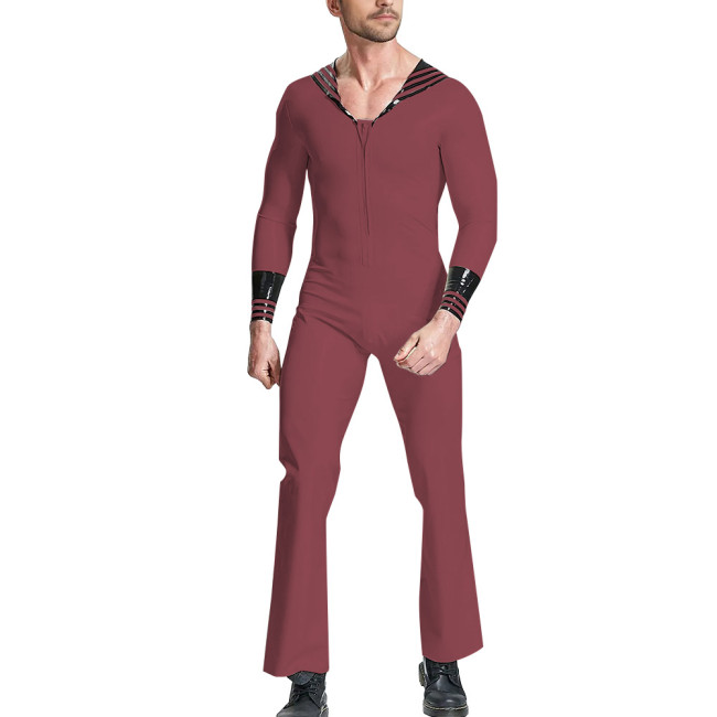 Vinyl PVC Leather Mens Jumpsuit for Navy Costume Long Sleeve Sailor Uniform Adults Catsuit Halloween Party Fancy Dress Bodysuit