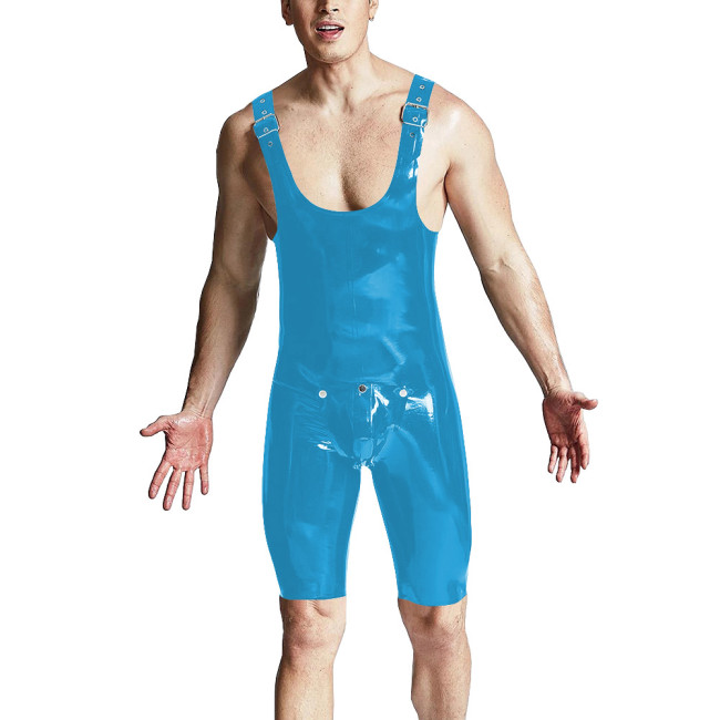 Sexy Men Above Knee-length Jumpsuit Shiny PVC Leather Adjustable Shoulder Straps Overalls Front Button Open PU Bodysuit Lingerie