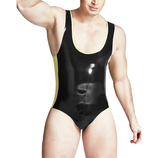 Sissy Men Deep U-collar Bodycon Slim Fit Faux Latex Bodysuits Patchwork Fetish Sexy Lingerie Cosplay Party Stretchy Rompers