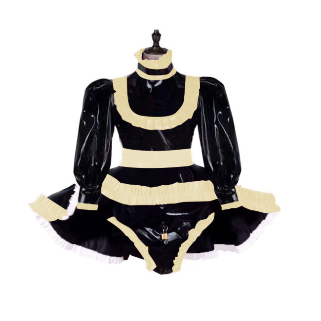 Lockable Adult Baby Wetlook Bodysuit Sexy Ruffles Long Sleeve Shiny PVC Rompers with Skirted Sissy Makeup Ball A-line Maid Dress