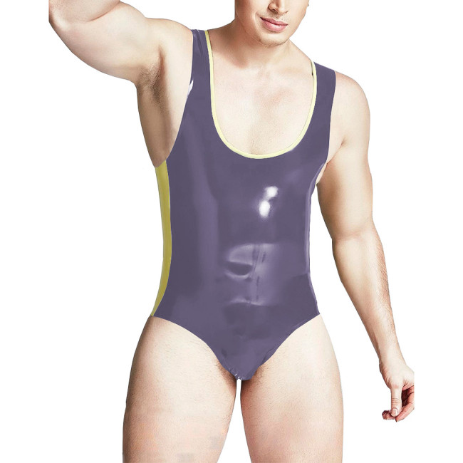 Sissy Men Deep U-collar Bodycon Slim Fit Faux Latex Bodysuits Patchwork Fetish Sexy Lingerie Cosplay Party Stretchy Rompers