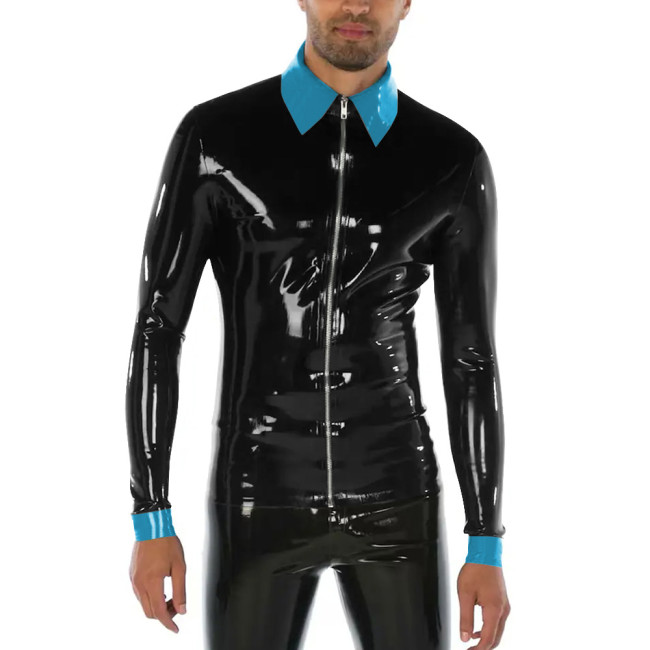 Punk Style Turn-down Collar Men T-Shirts Shiny PVC Leather Long Sleeve Front Zipper Bodycon Sissy Mens Tops Casual Streetwear