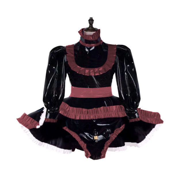 Lockable Adult Baby Wetlook Bodysuit Sexy Ruffles Long Sleeve Shiny PVC Rompers with Skirted Sissy Makeup Ball A-line Maid Dress